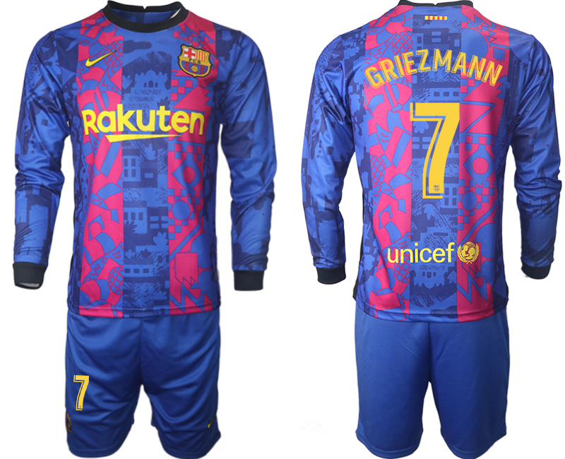 Men 2021-2022 Club Barcelona Second away blue Long Sleeve #7 Soccer Jerseys